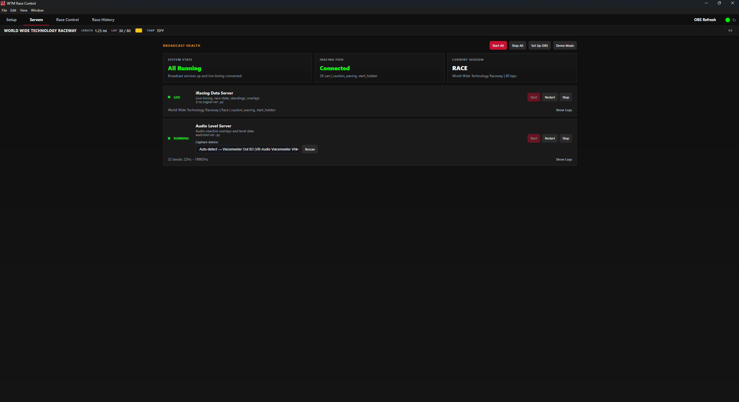 The Servers tab showing broadcast health: both local servers running, the iRacing feed connected, and the current race session.