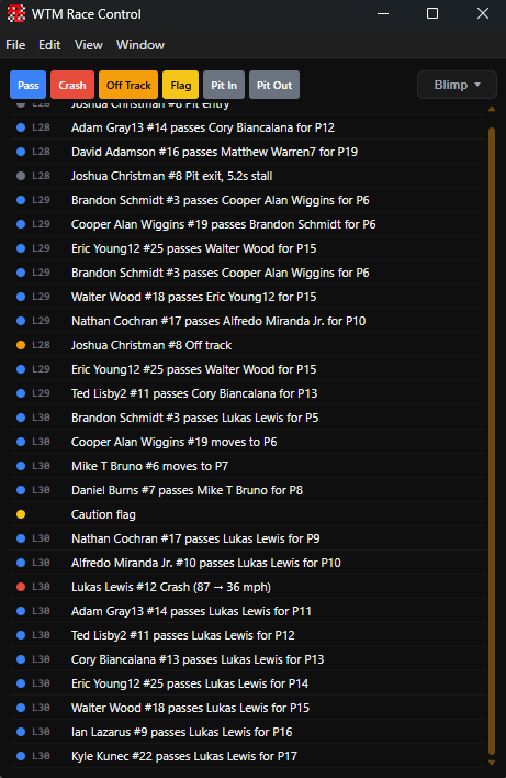 The event feed listing passes, a crash, a caution flag and pit stops by lap, with filter buttons for each event type and a replay camera selector.