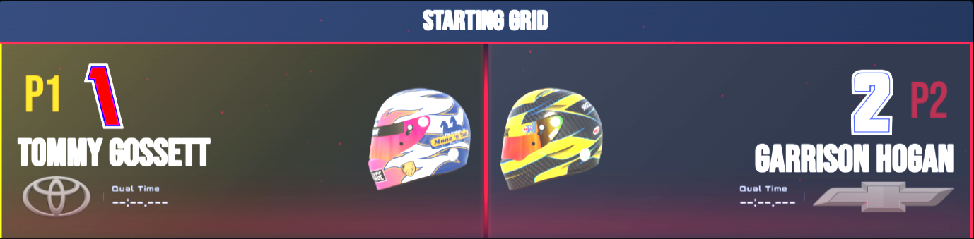 The starting grid overlay showing the front row with driver names, car numbers, helmets and manufacturer logos.